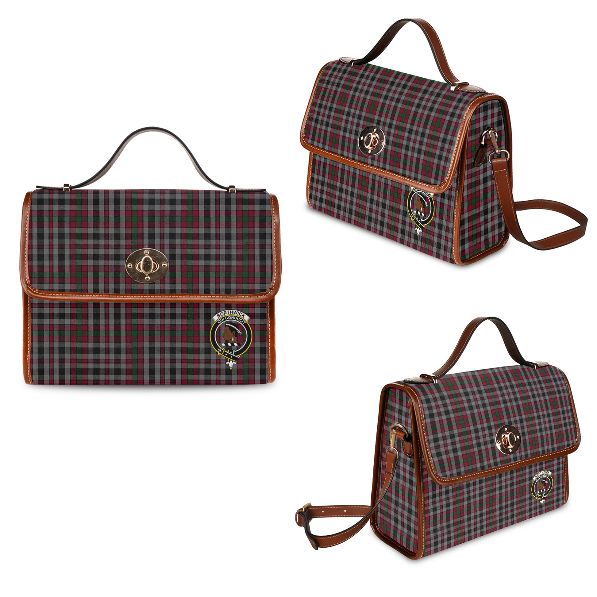 Borthwick Tartan Leather Strap Waterproof Canvas Bag with Family Crest One Size 34cm * 42cm (13.4" x 16.5") - Tartanvibesclothing