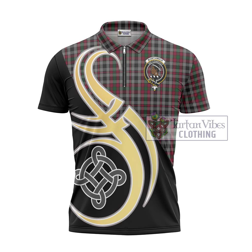 Tartan Vibes Clothing Borthwick Tartan Zipper Polo Shirt with Family Crest and Celtic Symbol Style