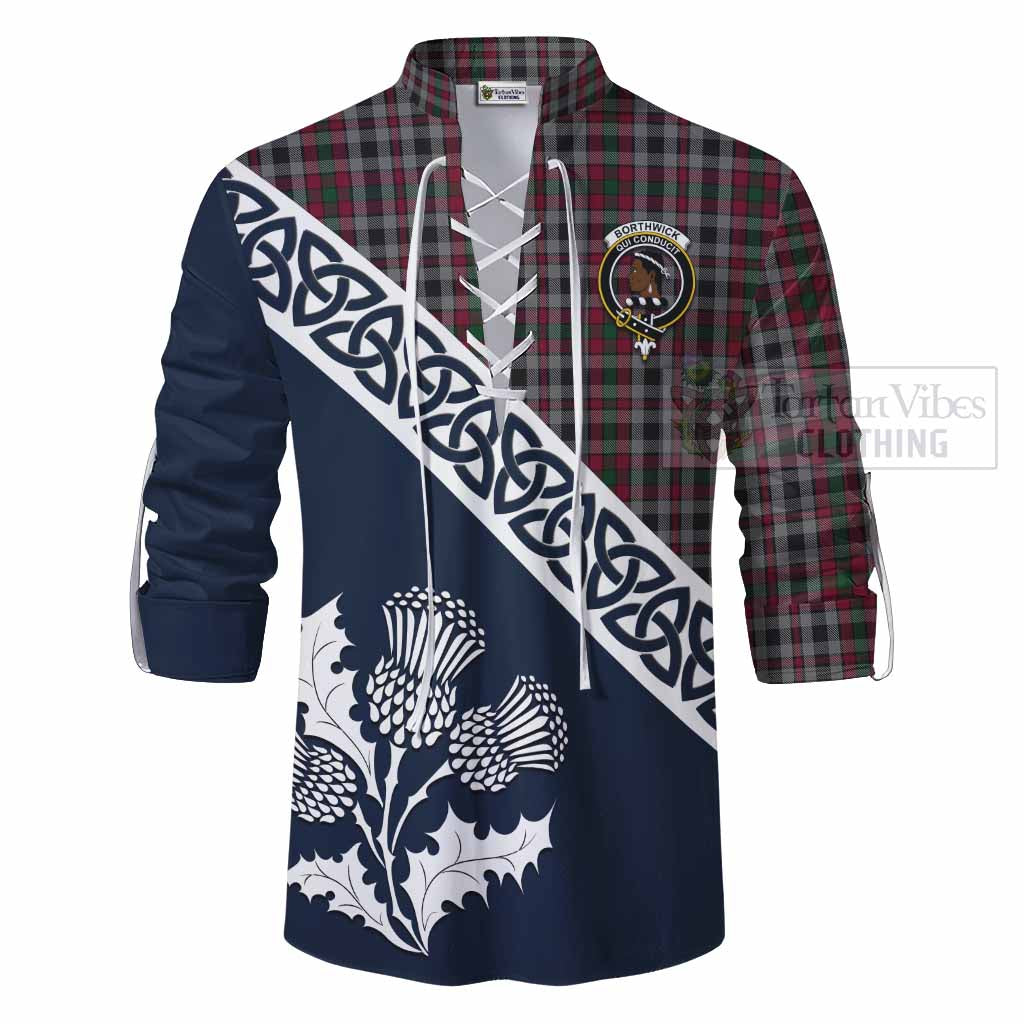 Borthwick Tartan Ghillie Kilt Shirt Featuring Thistle and Scotland Map - Tartan Vibes Clothing