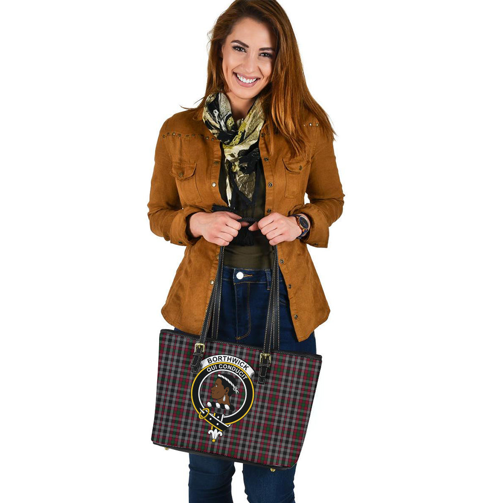 Borthwick Tartan Leather Tote Bag with Family Crest - Tartanvibesclothing