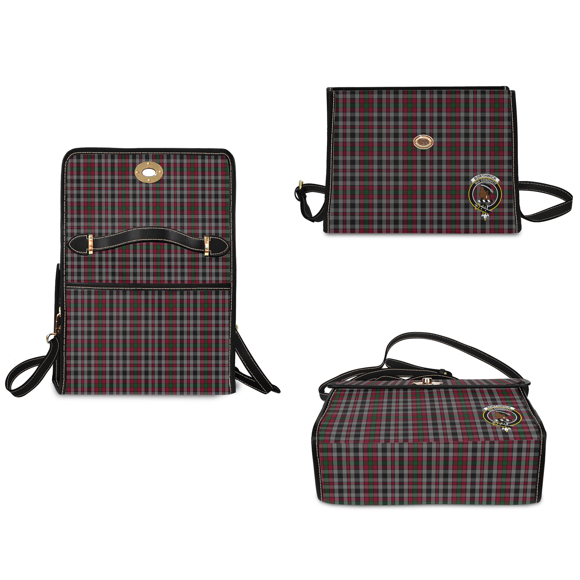 Borthwick Tartan Leather Strap Waterproof Canvas Bag with Family Crest - Tartanvibesclothing