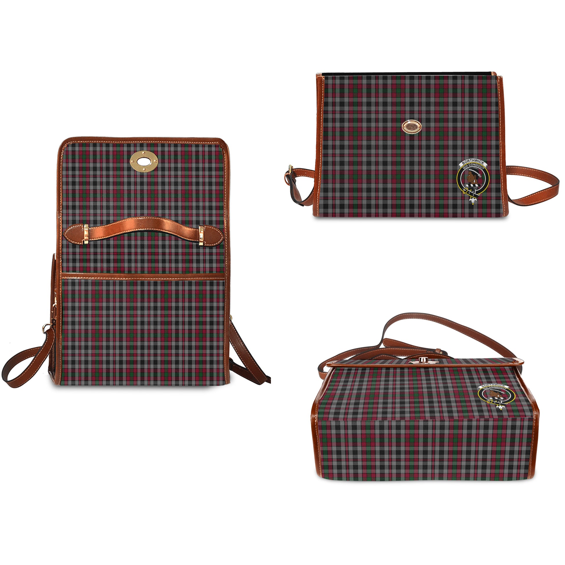 Borthwick Tartan Leather Strap Waterproof Canvas Bag with Family Crest - Tartanvibesclothing