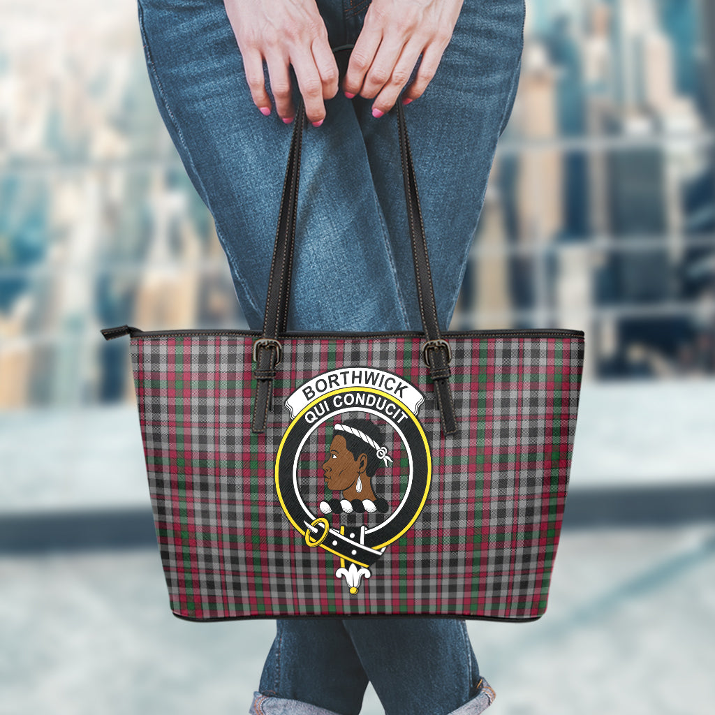 Borthwick Tartan Leather Tote Bag with Family Crest - Tartanvibesclothing