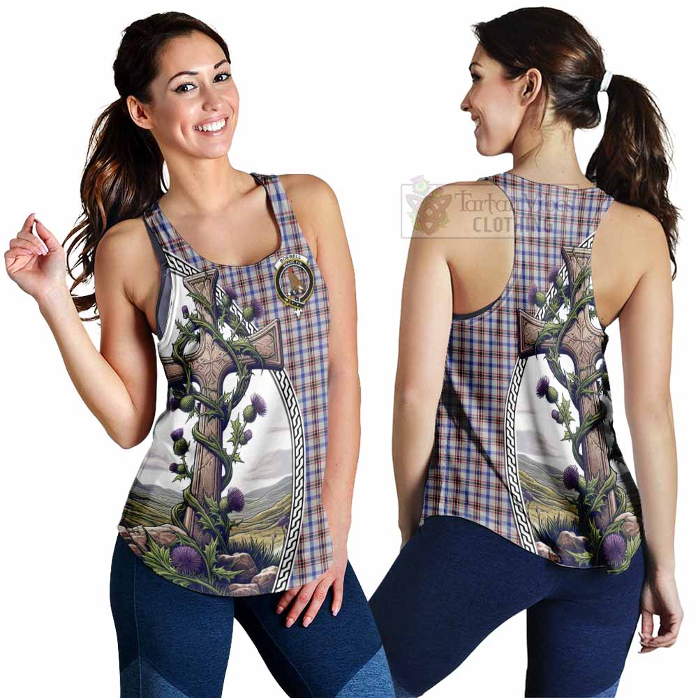 Tartan Vibes Clothing Boswell Tartan Women's Racerback Tanks with Family Crest and St. Andrew's Cross Accented by Thistle Vines