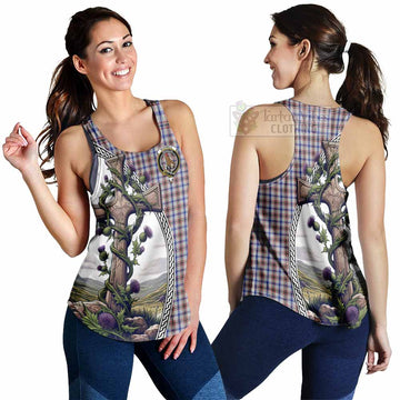 Boswell Tartan Women's Racerback Tanks with Family Crest and St. Andrew's Cross Accented by Thistle Vines