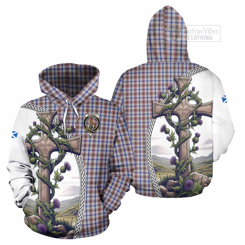 Tartan Vibes Clothing Boswell Tartan Hoodie with Family Crest and St. Andrew's Cross Accented by Thistle Vines