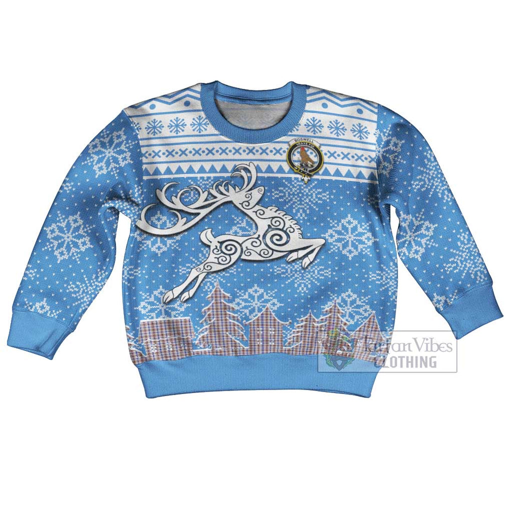 Tartan Vibes Clothing Boswell Clan Christmas Kid Ugly Sweater with Tartan and Celtic Raindeer Style