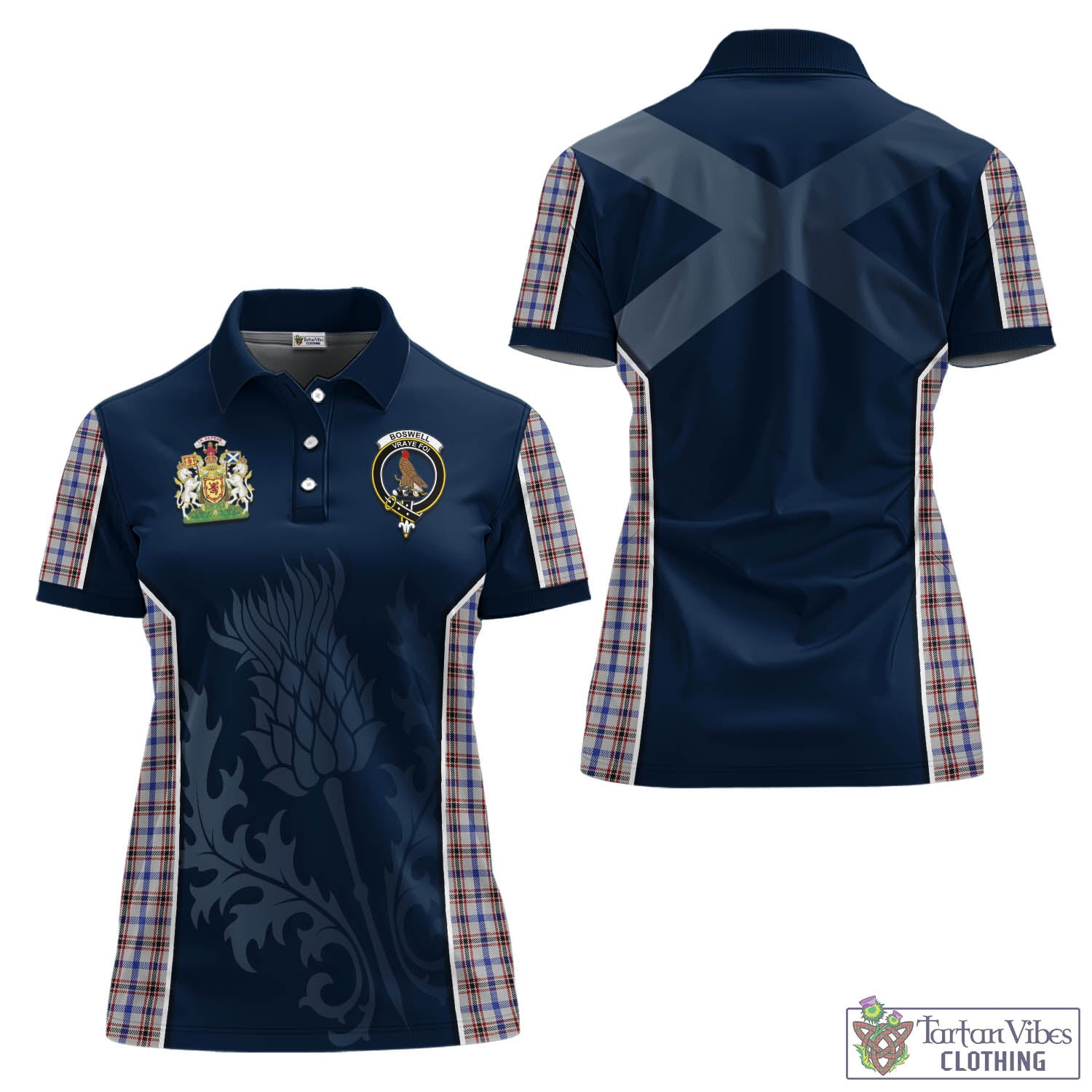 Tartan Vibes Clothing Boswell Tartan Women's Polo Shirt with Family Crest and Scottish Thistle Vibes Sport Style