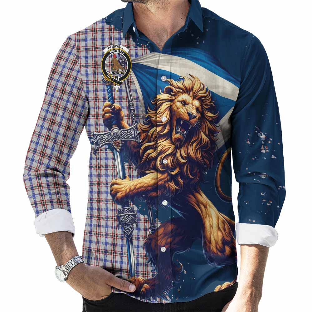 Tartan Vibes Clothing Boswell Tartan Family Crest Long Sleeve Button Shirt with Scottish Majestic Lion