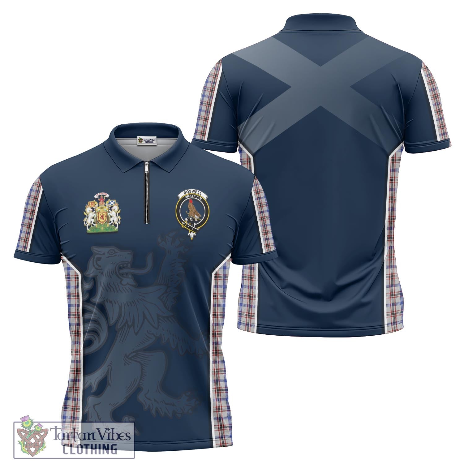 Tartan Vibes Clothing Boswell Tartan Zipper Polo Shirt with Family Crest and Lion Rampant Vibes Sport Style