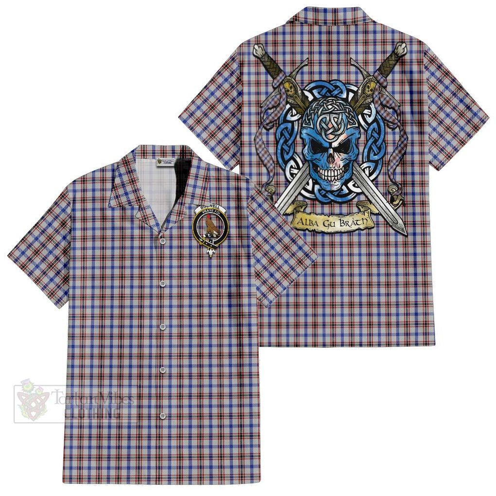 Tartan Vibes Clothing Boswell Tartan Short Sleeve Button Shirt with Family Crest Celtic Skull Style