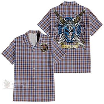 Boswell Tartan Short Sleeve Button Shirt with Family Crest Celtic Skull Style