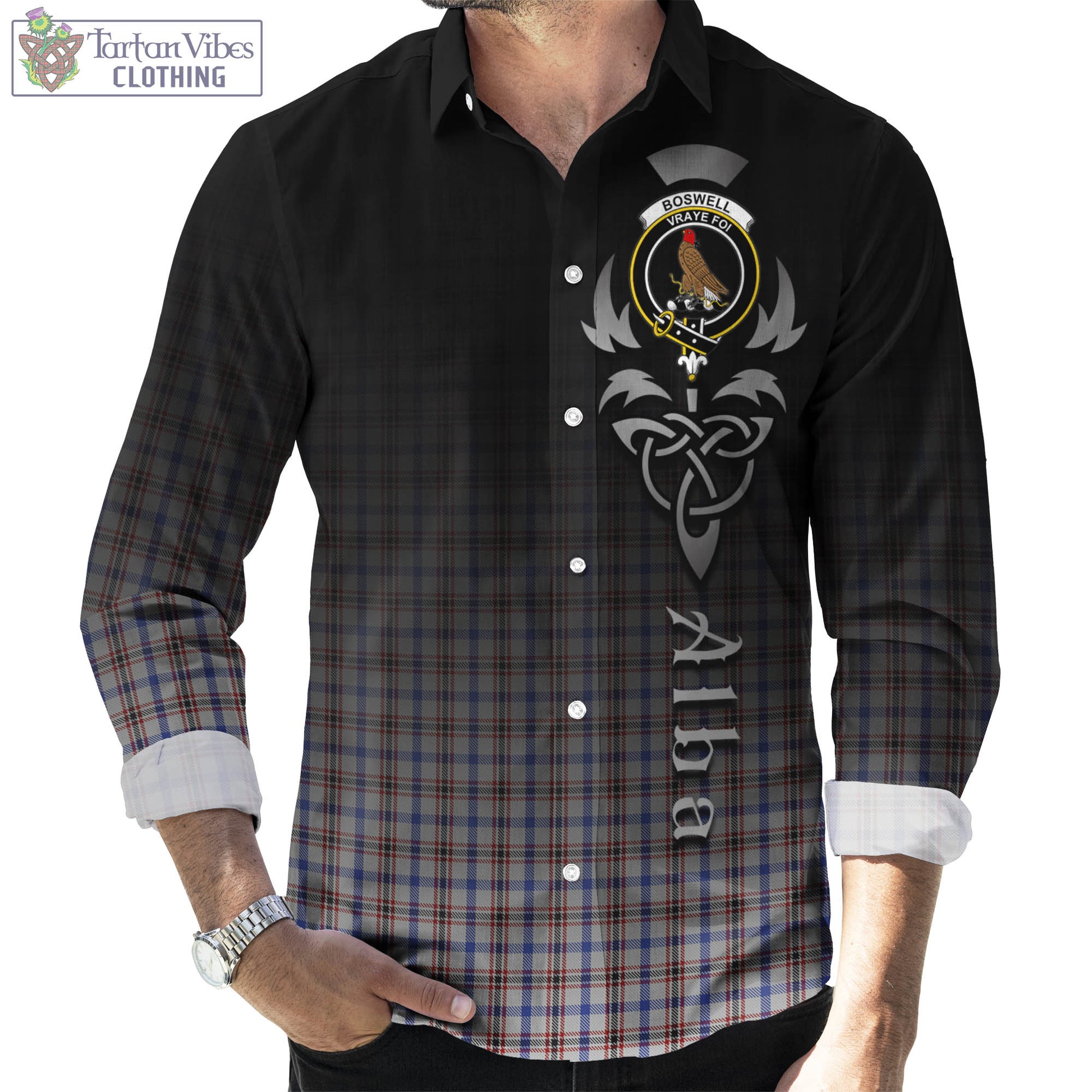 Tartan Vibes Clothing Boswell Tartan Long Sleeve Button Up Featuring Alba Gu Brath Family Crest Celtic Inspired