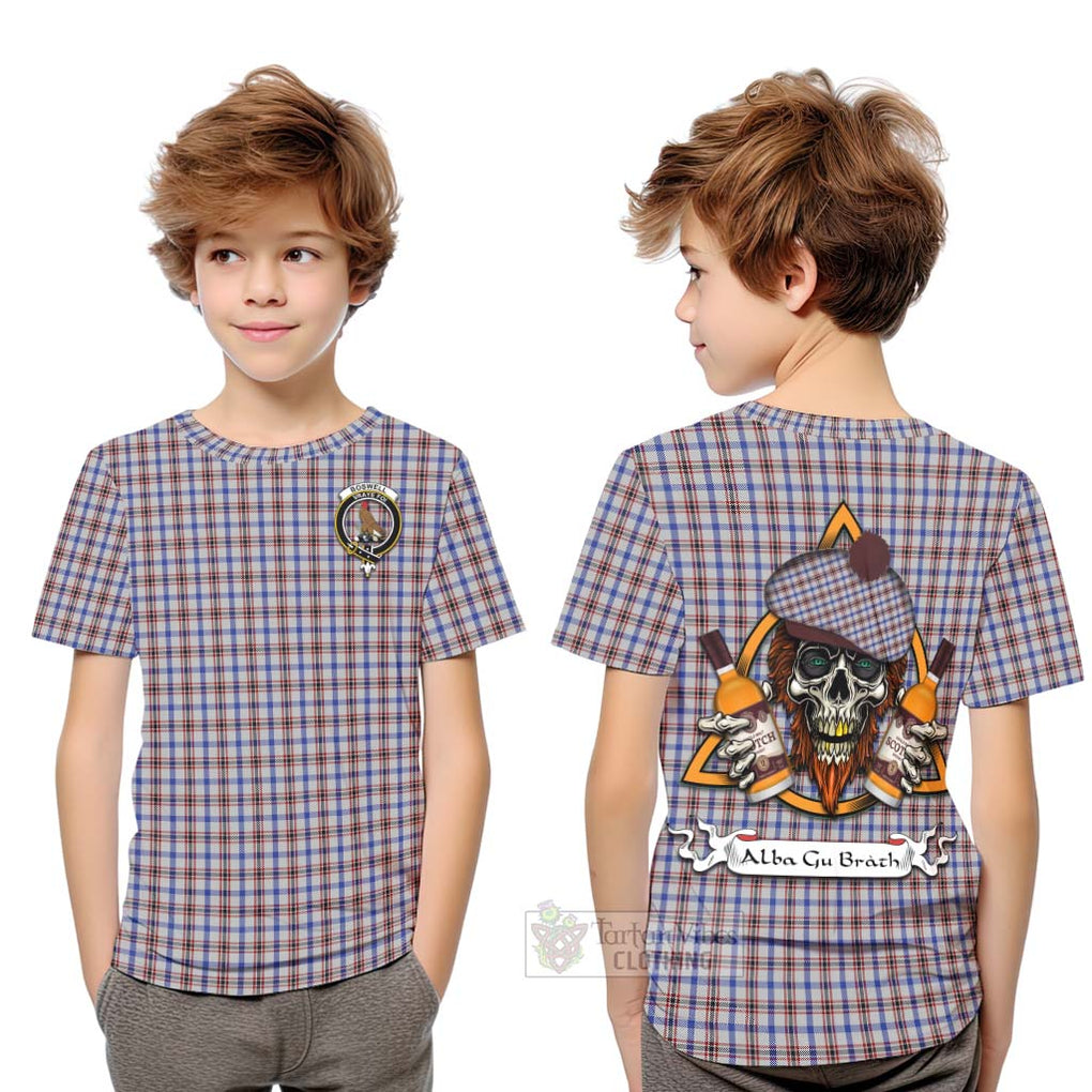 Tartan Vibes Clothing Boswell Tartan Kid T-Shirt with Family Crest and Bearded Skull Holding Bottles of Whiskey