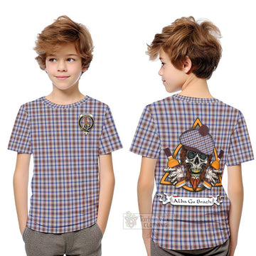 Boswell Tartan Kid T-Shirt with Family Crest and Bearded Skull Holding Bottles of Whiskey