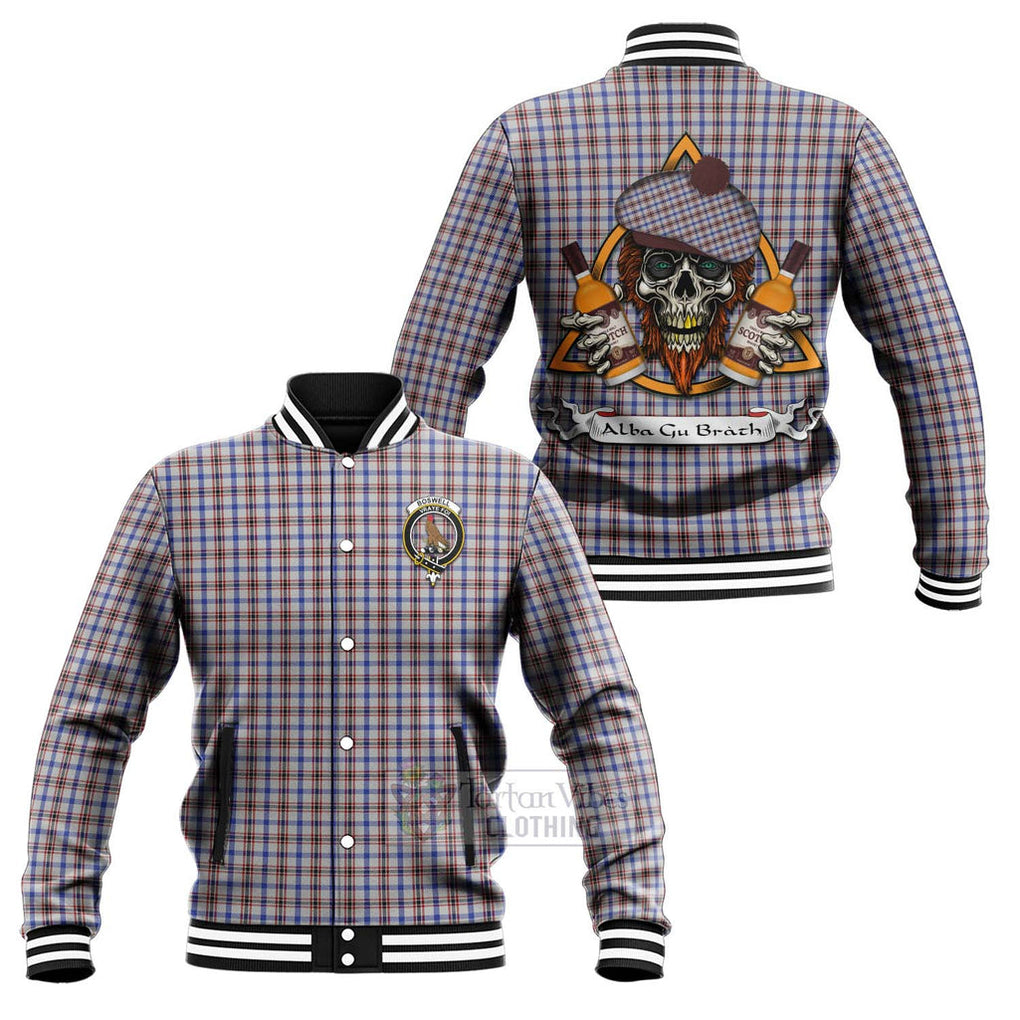 Tartan Vibes Clothing Boswell Tartan Baseball Jacket with Family Crest and Bearded Skull Holding Bottles of Whiskey