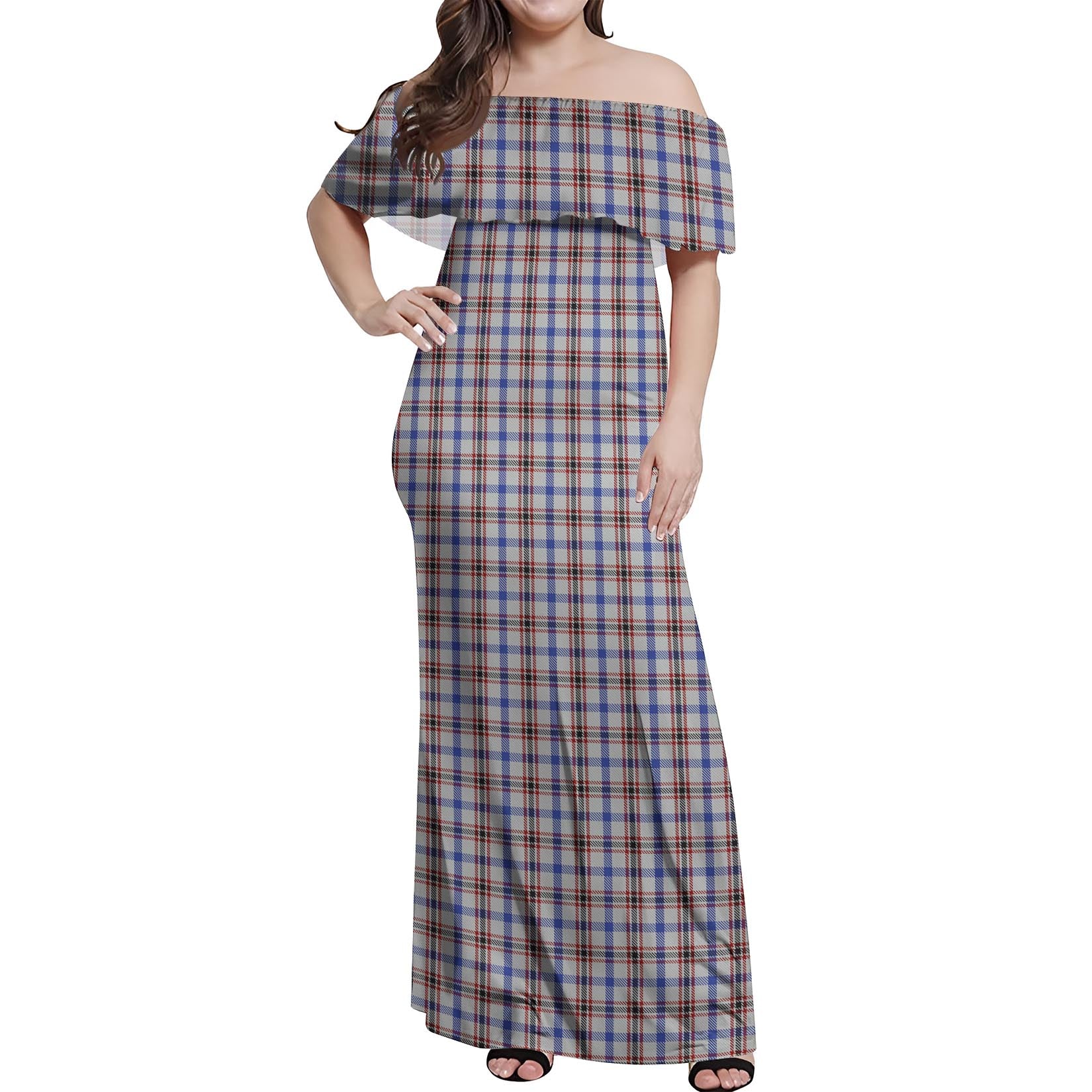 Boswell Tartan Off Shoulder Long Dress Women's Dress - Tartanvibesclothing