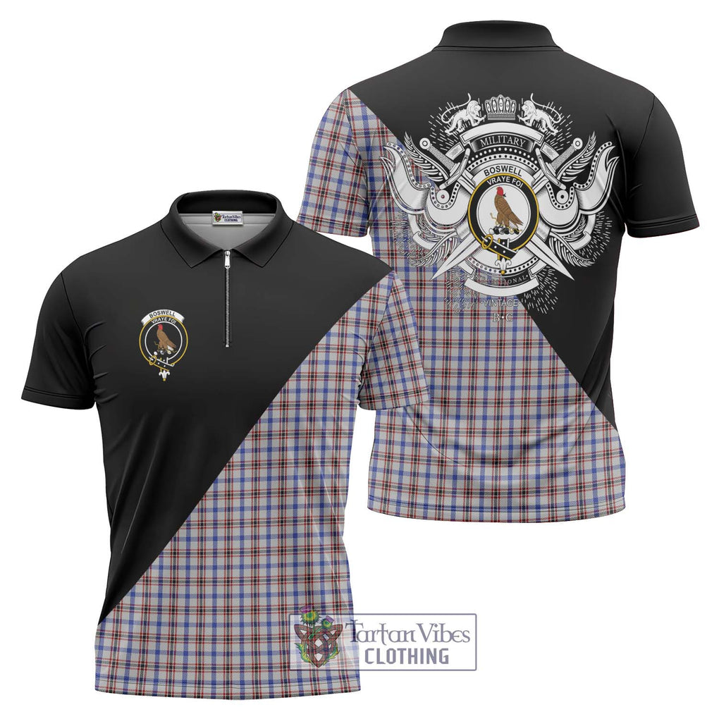 Boswell Tartan Zipper Polo Shirt with Family Crest and Military Logo Style Unisex - Tartanvibesclothing Shop