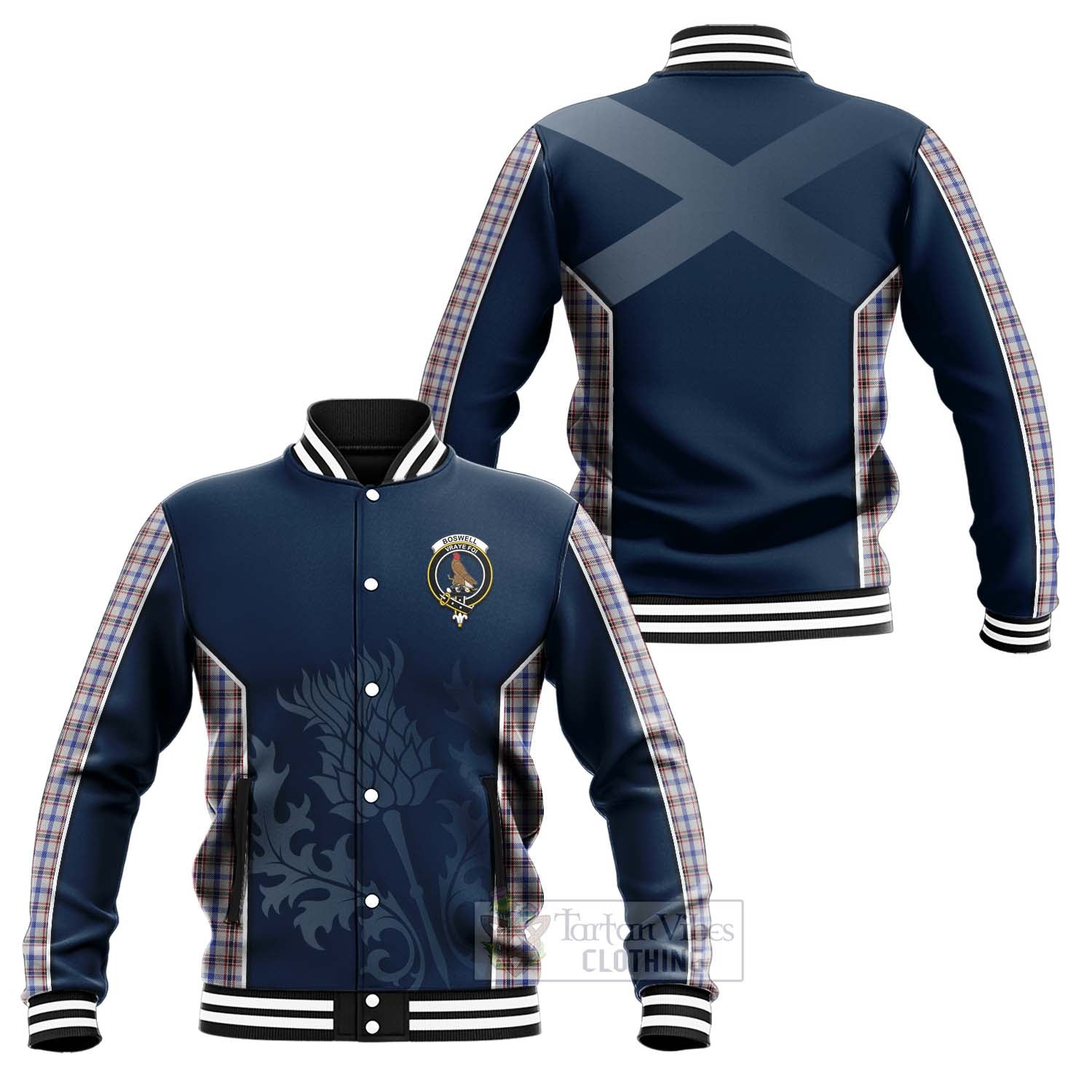 Tartan Vibes Clothing Boswell Tartan Baseball Jacket with Family Crest and Scottish Thistle Vibes Sport Style