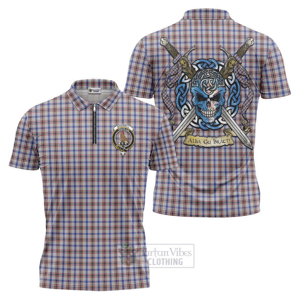 Tartan Vibes Clothing Boswell Tartan Zipper Polo Shirt with Family Crest Celtic Skull Style