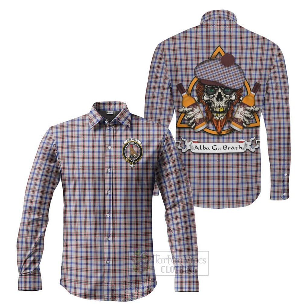 Tartan Vibes Clothing Boswell Tartan Long Sleeve Button Shirt with Family Crest and Bearded Skull Holding Bottles of Whiskey