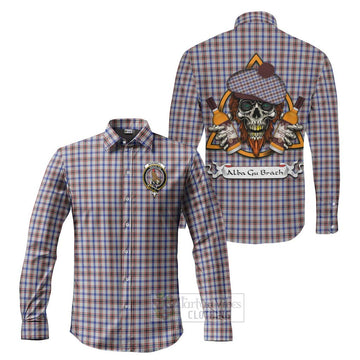 Boswell Tartan Long Sleeve Button Shirt with Family Crest and Bearded Skull Holding Bottles of Whiskey