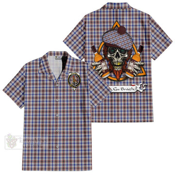 Boswell Tartan Short Sleeve Button Shirt with Family Crest and Bearded Skull Holding Bottles of Whiskey