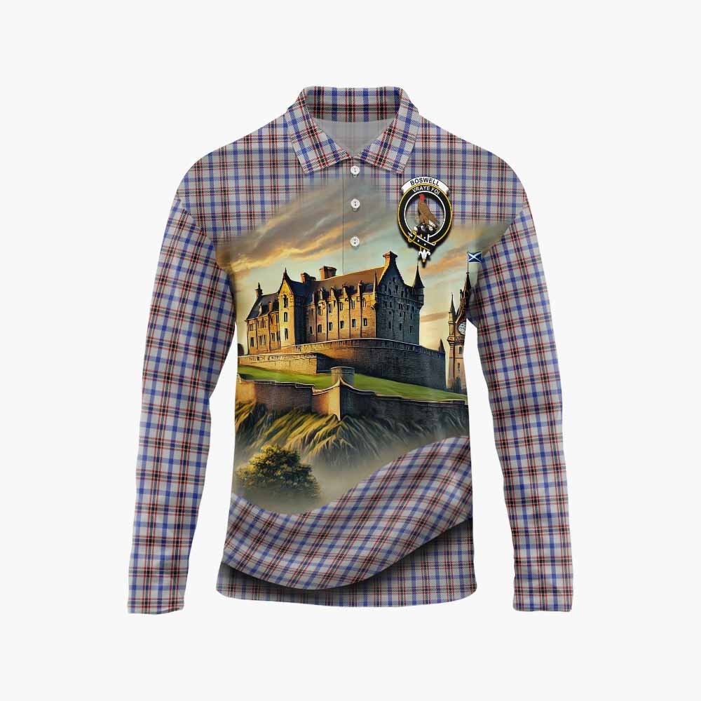 Boswell Tartan Family Crest Long Sleeve Polo Shirt with Scottish Ancient Castle Style Unisex - Tartan Vibes Clothing