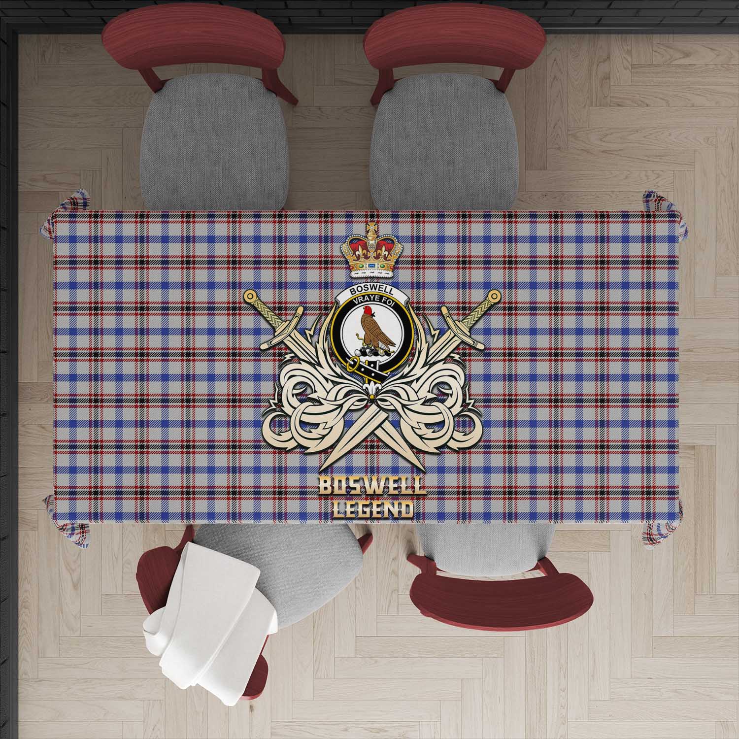 Tartan Vibes Clothing Boswell Tartan Tablecloth with Clan Crest and the Golden Sword of Courageous Legacy