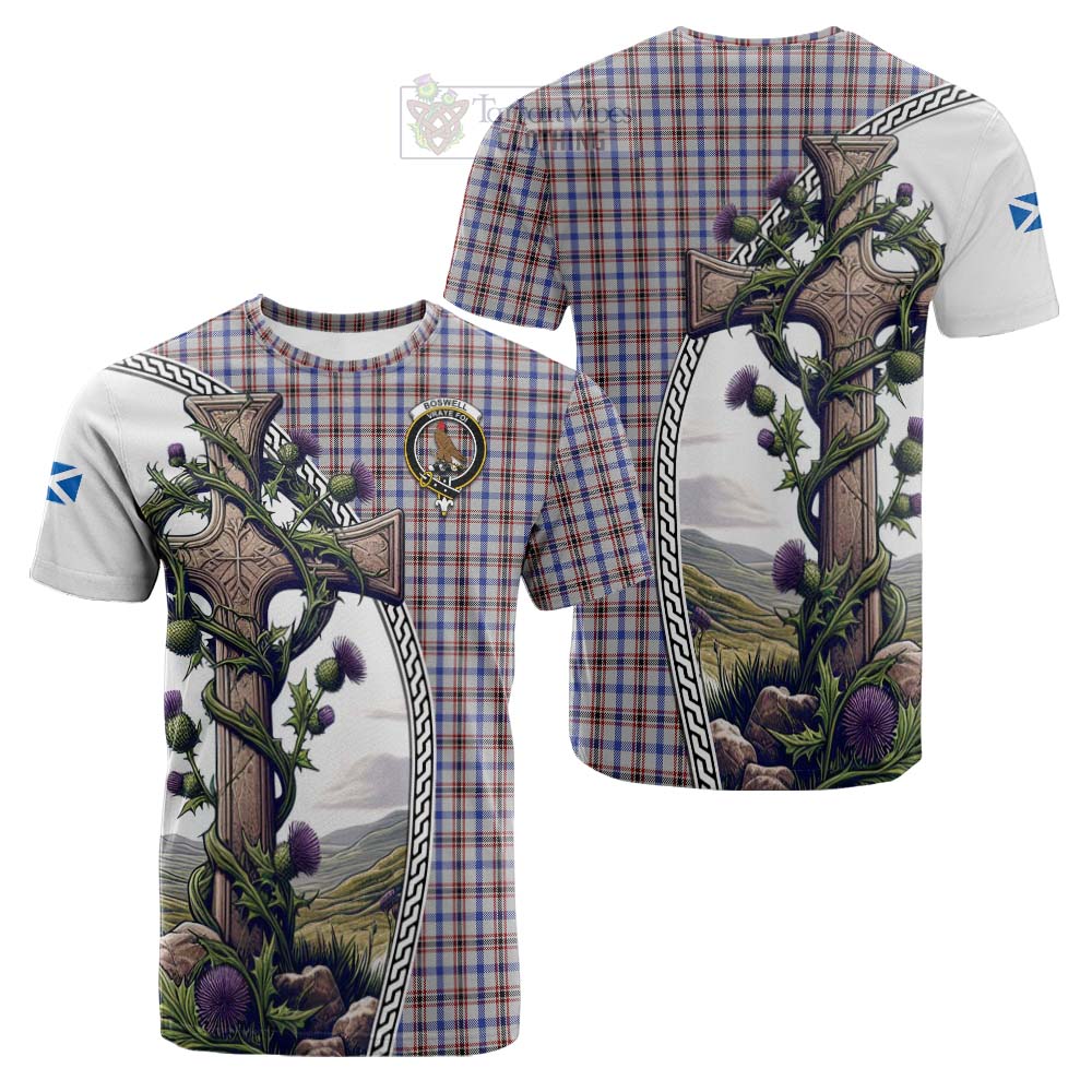 Tartan Vibes Clothing Boswell Tartan Cotton T-shirt with Family Crest and St. Andrew's Cross Accented by Thistle Vines