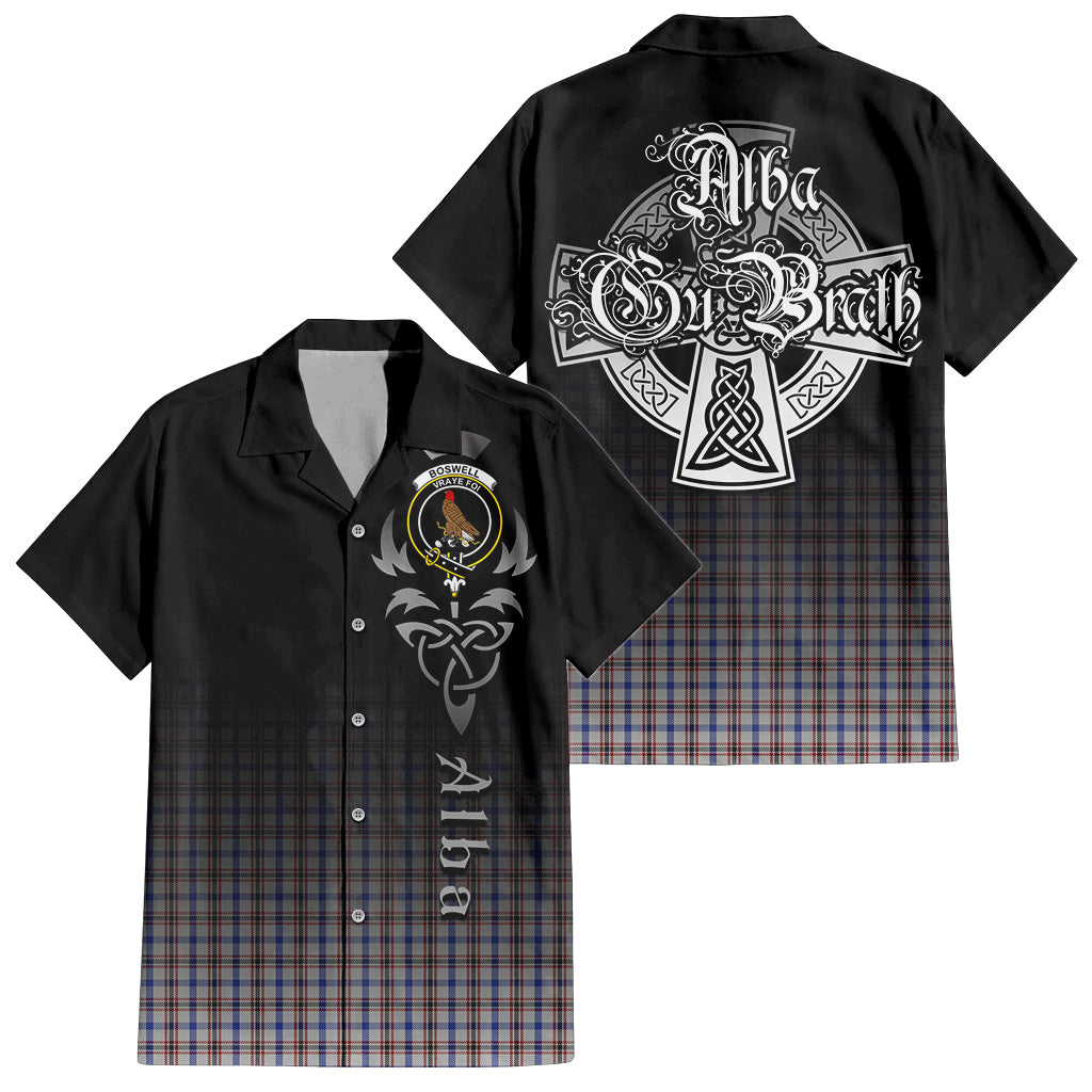 Tartan Vibes Clothing Boswell Tartan Short Sleeve Button Up Featuring Alba Gu Brath Family Crest Celtic Inspired