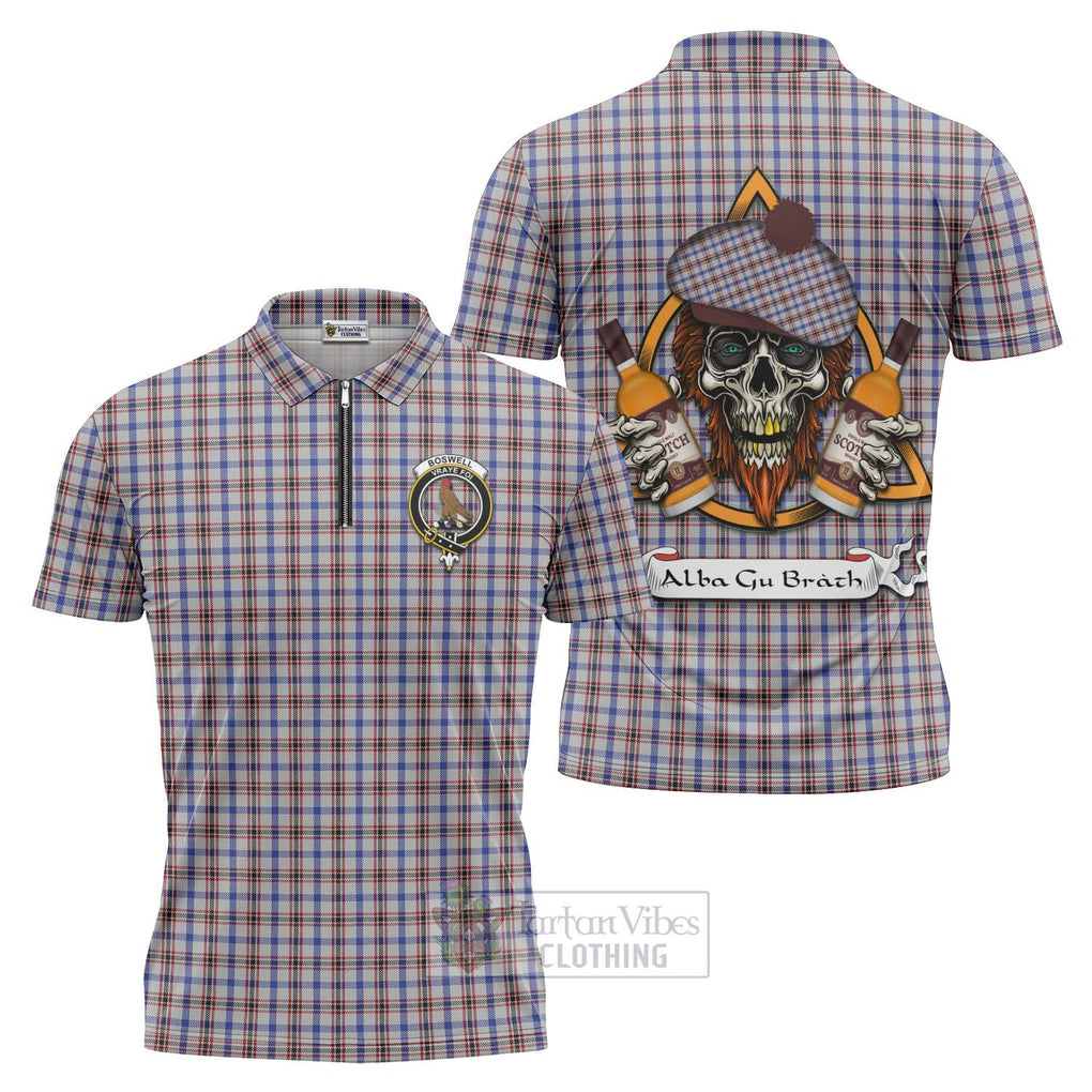 Tartan Vibes Clothing Boswell Tartan Zipper Polo Shirt with Family Crest and Bearded Skull Holding Bottles of Whiskey