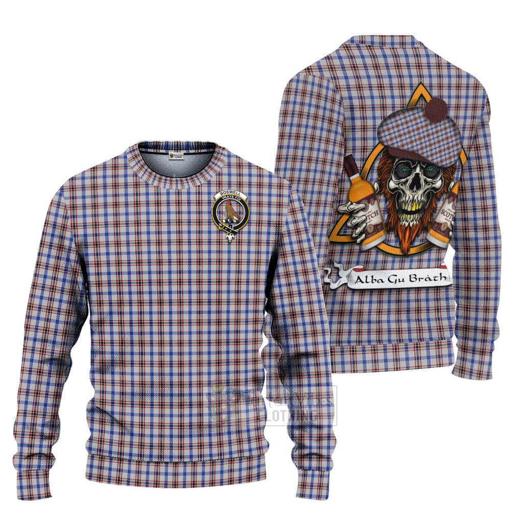 Tartan Vibes Clothing Boswell Tartan Knitted Sweater with Family Crest and Bearded Skull Holding Bottles of Whiskey