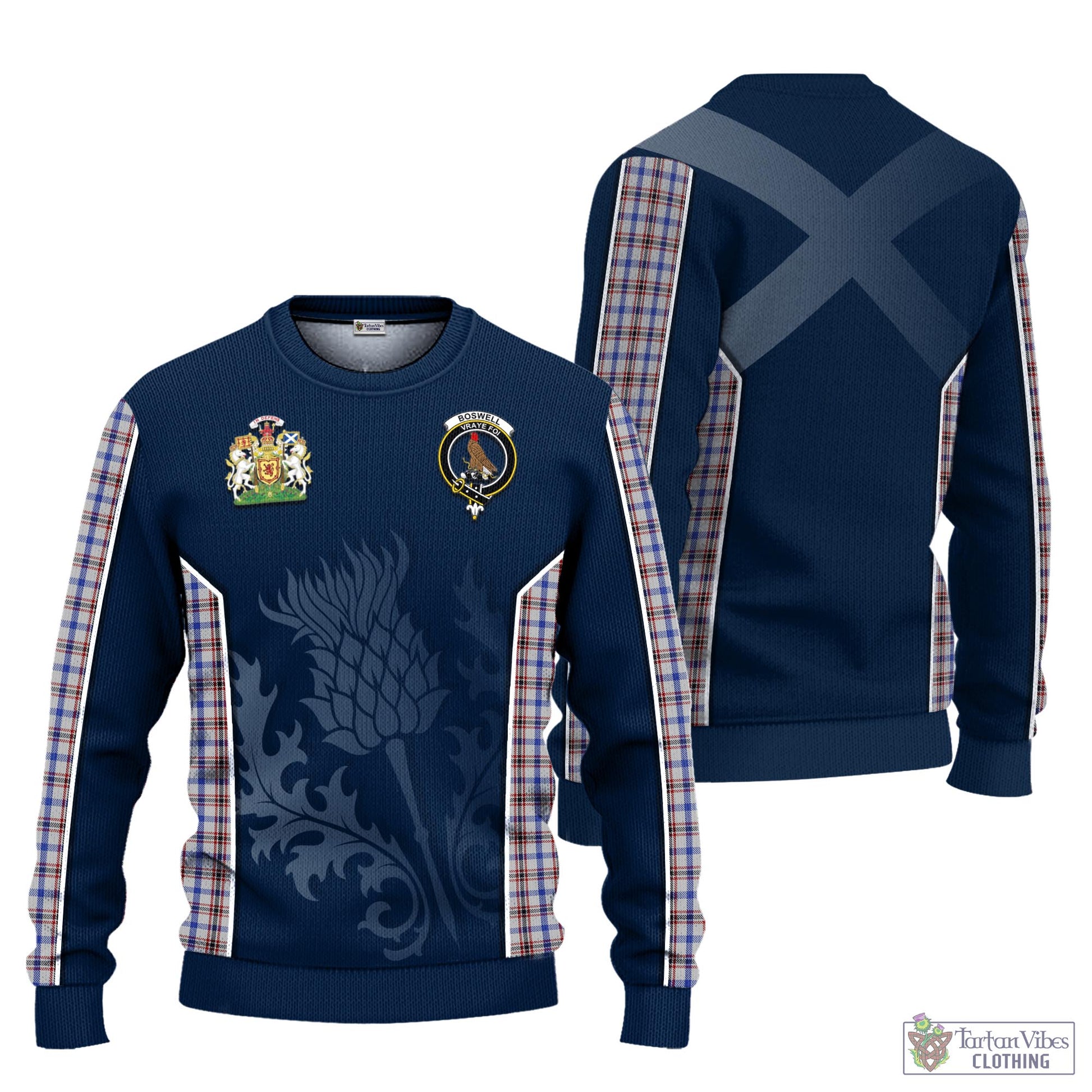 Tartan Vibes Clothing Boswell Tartan Knitted Sweatshirt with Family Crest and Scottish Thistle Vibes Sport Style