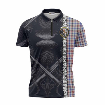 Boswell Tartan Zipper Polo Shirt with Family Crest Cross Sword Thistle Celtic Vibes