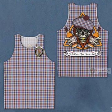 Boswell Tartan Men's Tank Top with Family Crest and Bearded Skull Holding Bottles of Whiskey