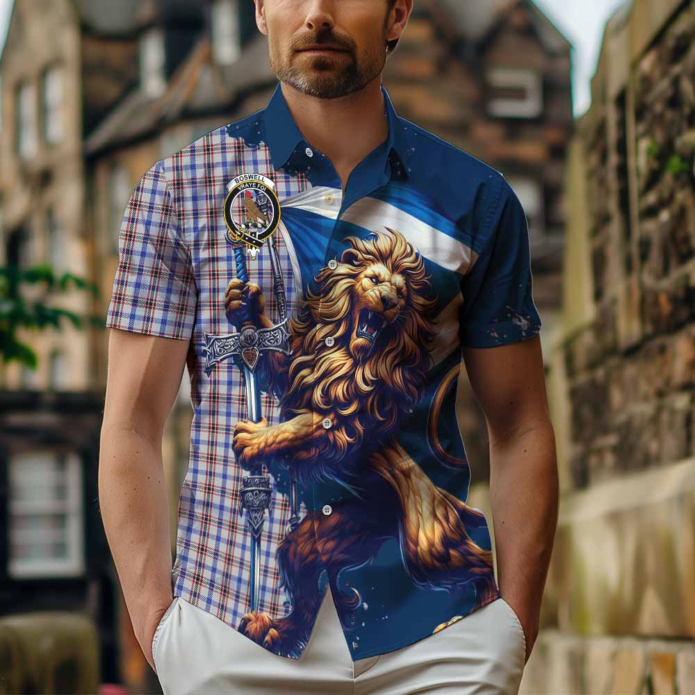 Tartan Vibes Clothing Boswell Tartan Family Crest Short Sleeve Button Shirt with Scottish Majestic Lion