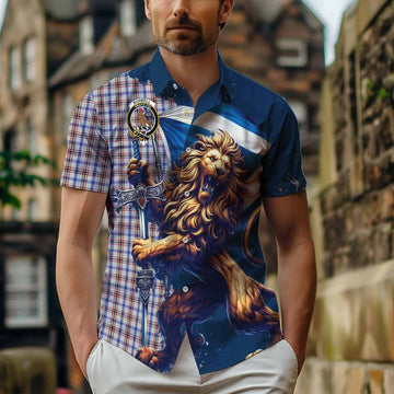 Boswell Tartan Family Crest Short Sleeve Button Shirt with Scottish Majestic Lion