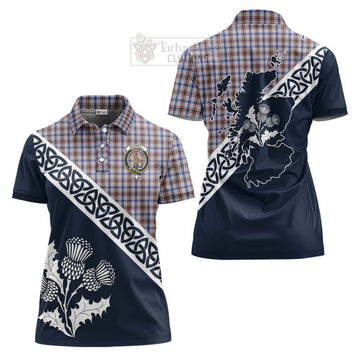 Boswell Tartan Women's Polo Shirt Featuring Thistle and Scotland Map