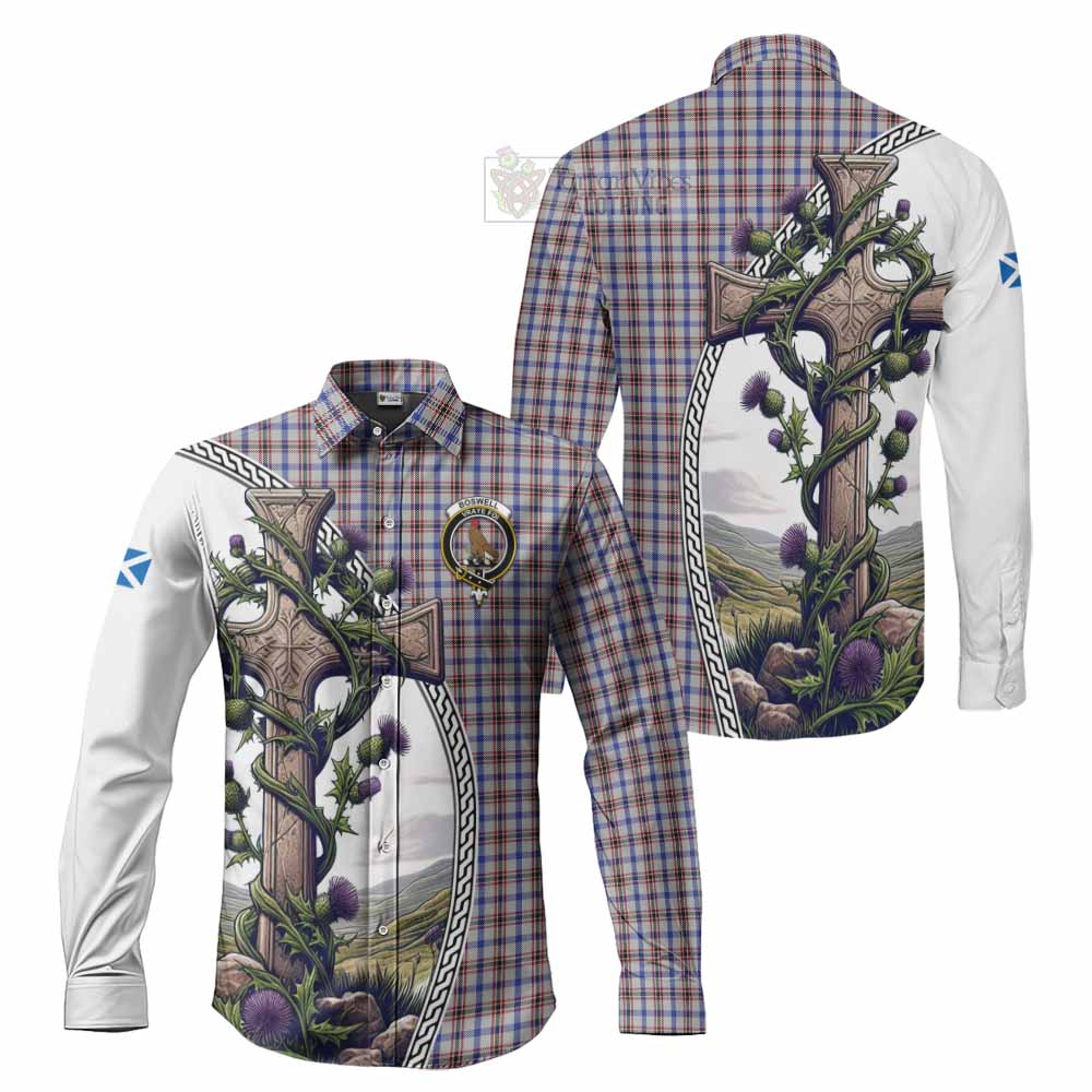 Tartan Vibes Clothing Boswell Tartan Long Sleeve Button Shirt with Family Crest and St. Andrew's Cross Accented by Thistle Vines