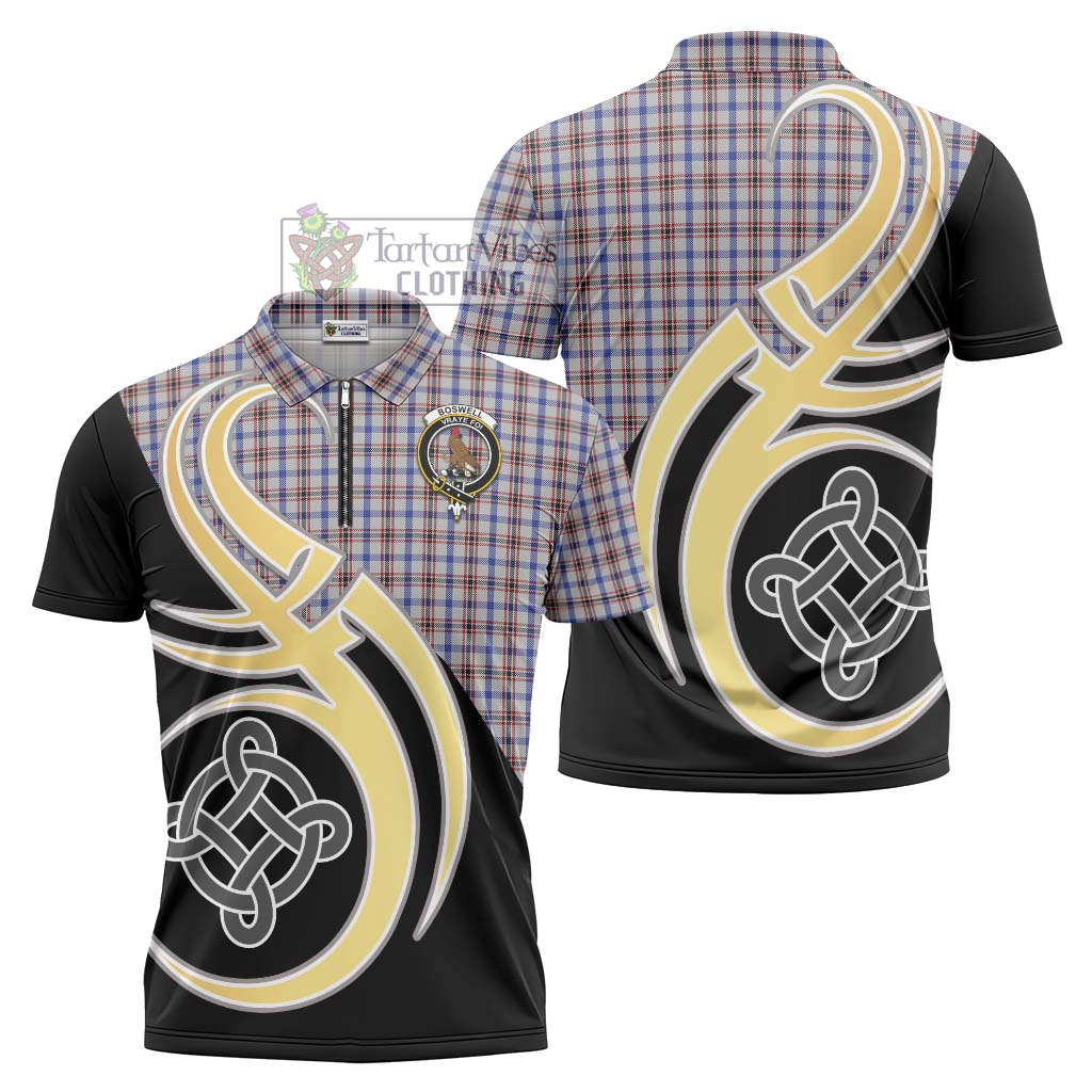 Tartan Vibes Clothing Boswell Tartan Zipper Polo Shirt with Family Crest and Celtic Symbol Style