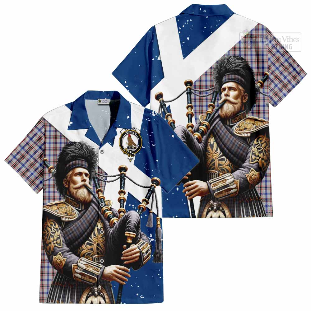 Tartan Vibes Clothing Boswell Tartan Short Sleeve Button Shirt with Family Crest Scottish Bagpiper Vibes