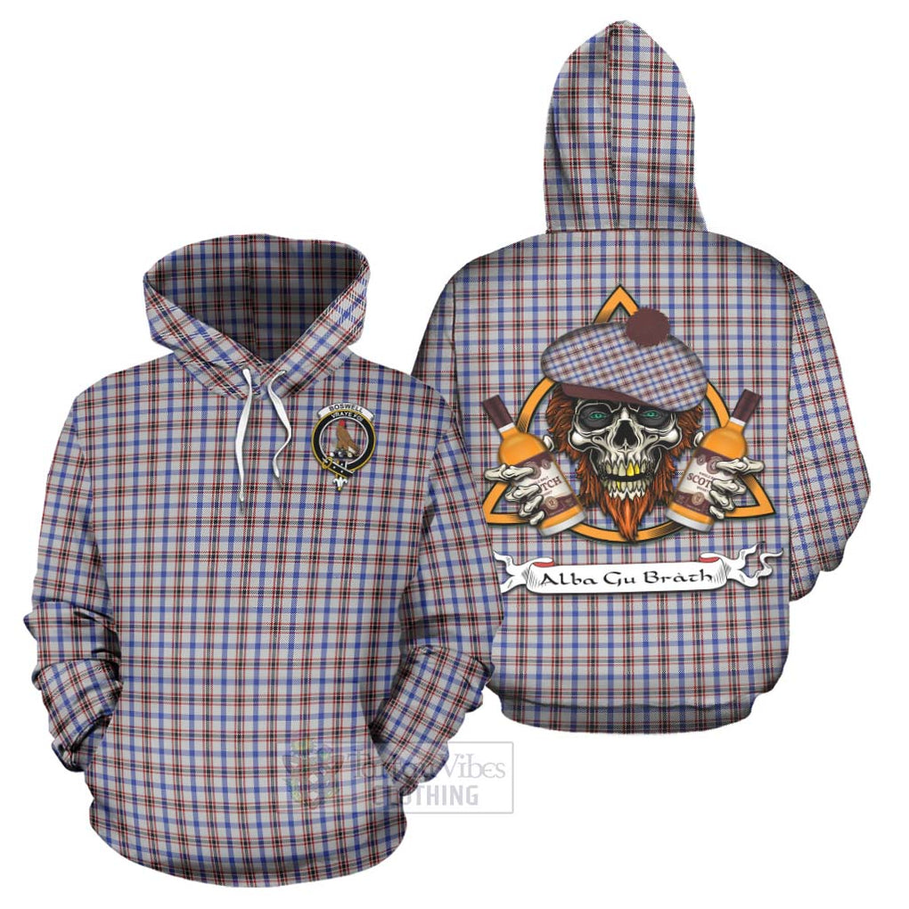 Tartan Vibes Clothing Boswell Tartan Hoodie with Family Crest and Bearded Skull Holding Bottles of Whiskey