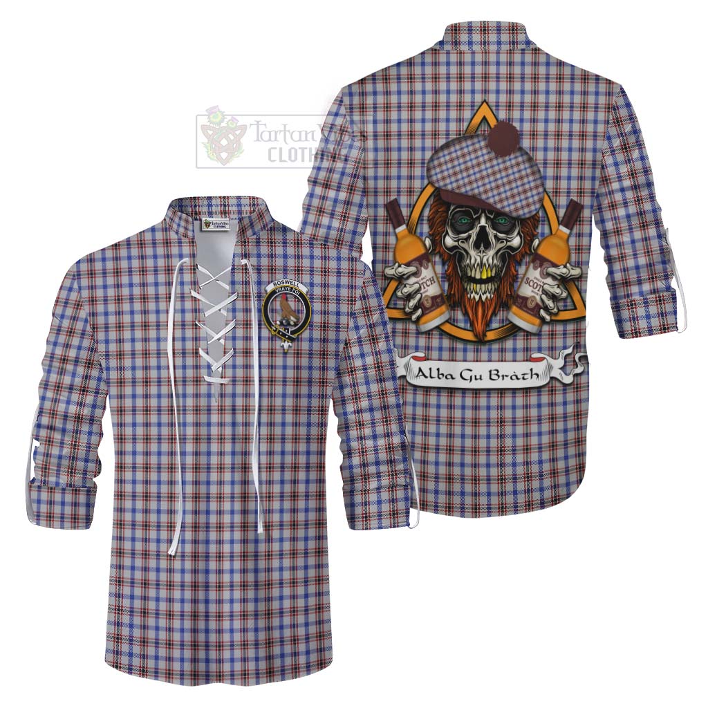 Tartan Vibes Clothing Boswell Tartan Ghillie Kilt Shirt with Family Crest and Bearded Skull Holding Bottles of Whiskey