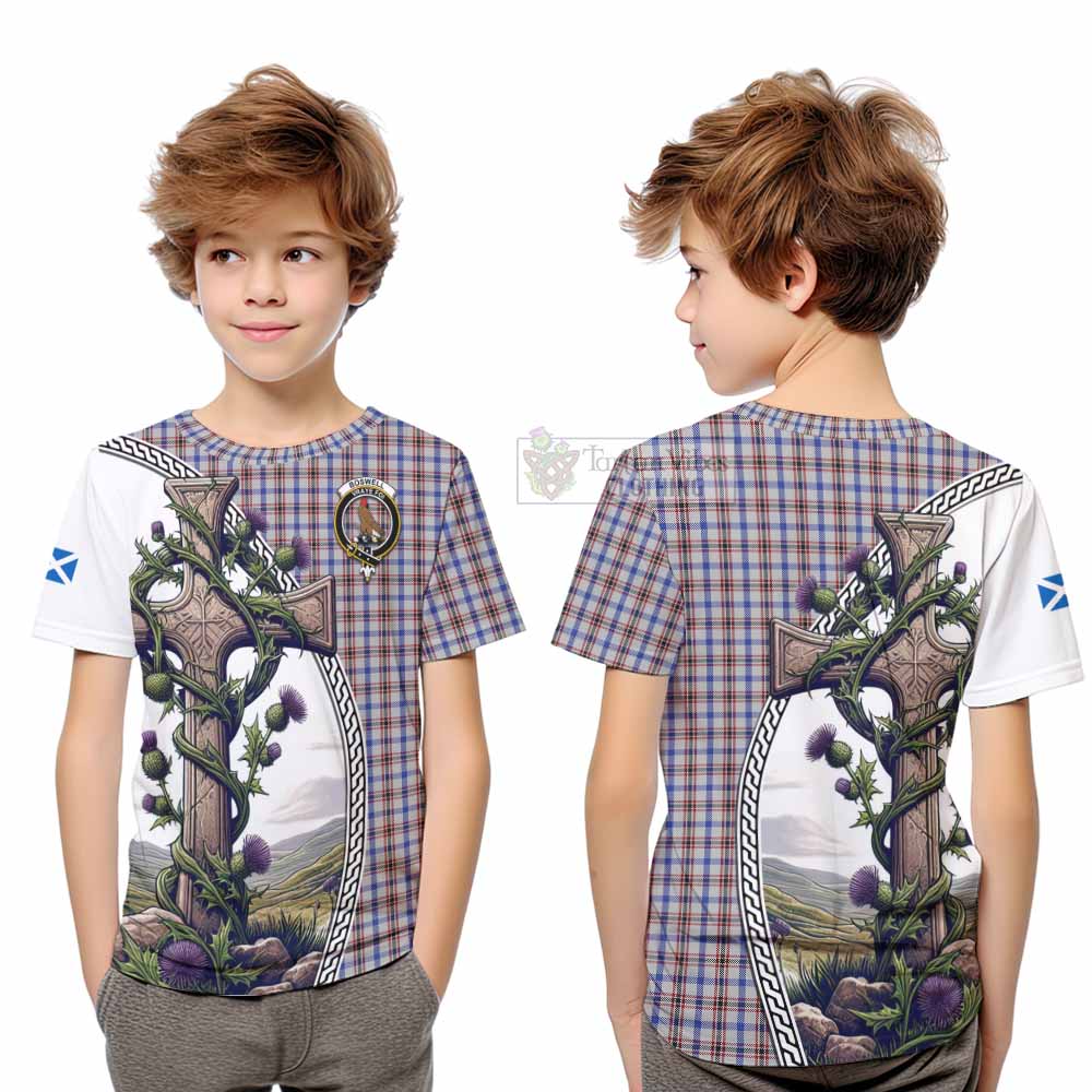 Tartan Vibes Clothing Boswell Tartan Kid T-Shirt with Family Crest and St. Andrew's Cross Accented by Thistle Vines