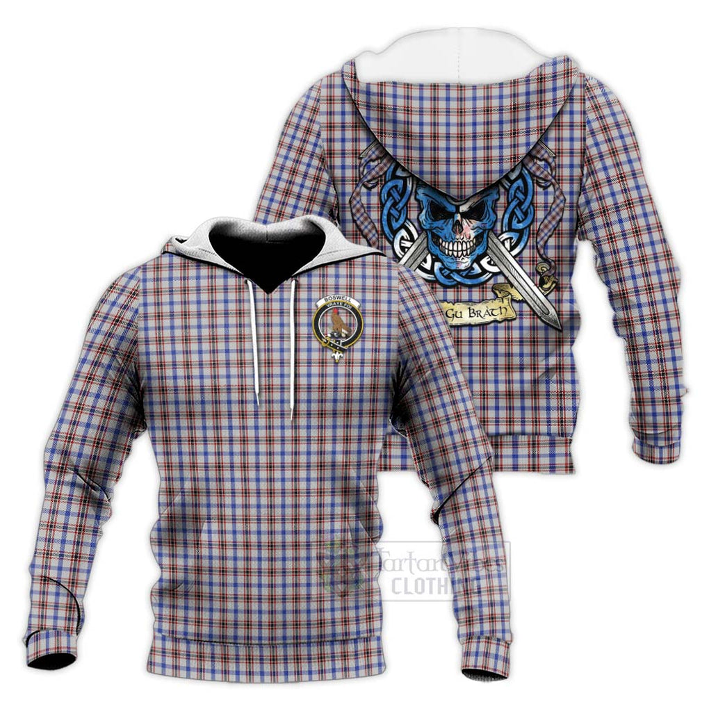 Tartan Vibes Clothing Boswell Tartan Knitted Hoodie with Family Crest Celtic Skull Style