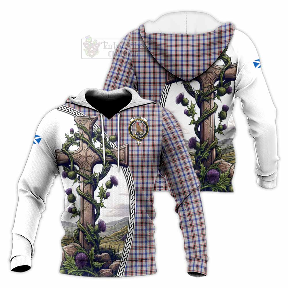 Tartan Vibes Clothing Boswell Tartan Knitted Hoodie with Family Crest and St. Andrew's Cross Accented by Thistle Vines