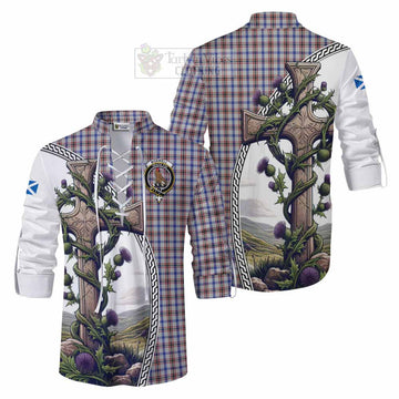 Boswell Tartan Ghillie Kilt Shirt with Family Crest and St. Andrew's Cross Accented by Thistle Vines Men - Tartan Vibes Clothing