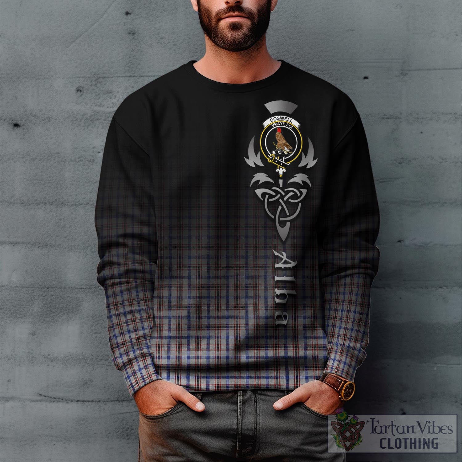 Tartan Vibes Clothing Boswell Tartan Sweatshirt Featuring Alba Gu Brath Family Crest Celtic Inspired