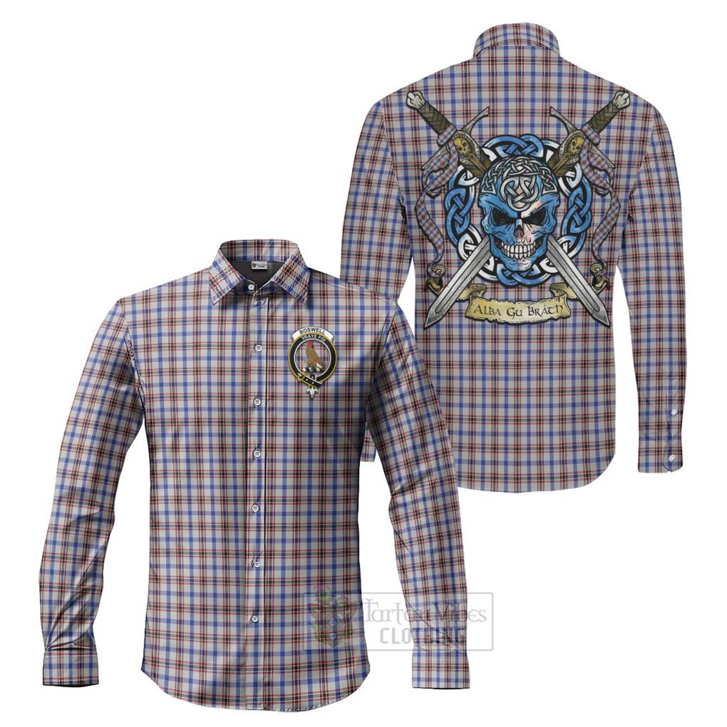 Tartan Vibes Clothing Boswell Tartan Long Sleeve Button Shirt with Family Crest Celtic Skull Style